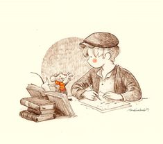 a drawing of a boy sitting at a table with books and a mouse in front of him