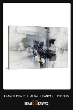 an abstract painting with black and white colors on the canvas, it is in front of a