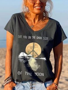 See You On The Dark Side Of The Moon Printed Graphic Tees Casual Short Sleeve T-shirt With Moon Print, Summer Moon Print Crew Neck Top, Black Summer Top With Moon Print, Casual Crew Neck Top With Moon Print, Summer Short Sleeve Top With Moon Print, Casual Moon Print Short Sleeve T-shirt, Casual Relaxed Fit T-shirt With Moon Print, Summer Moon Print Graphic Tee, Summer Graphic Tee With Moon Print