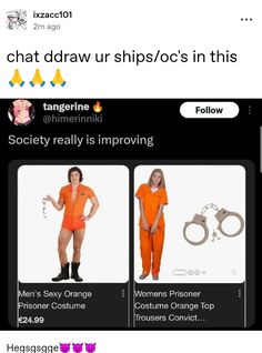 two people in orange outfits with handcuffs on their backs and one person wearing an orange jumpsuit