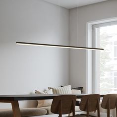 The fixture paired with simple yet sturdy lines, and upgrades the appearance of your dining table, kitchen island, and living room. High light transmittance sending out light colors is soft. EDISLIVE Neculina Black Modern Linear LED Hanging Kitchen Island Light | Y81010000038368 Minimalist Lighting Design, Kitchen Bar Lighting, Kitchen Island Modern, Linear Island Lighting, Modern Living Room Lighting, Hidden Lighting, Kitchen Island Light, Modern Office Space, Linear Pendant Light