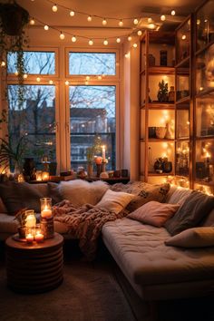 a living room filled with furniture and lots of lights