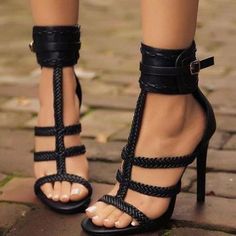 Black Open Toe Stiletto Heel Sandals Q-0109 from Eoooh❣❣ Sepatu Pump, Hak Tinggi, Platform High Heels, Black High Heels, Lace Up Heels, High Heels Stilettos, Party Shoes, High Heel Boots, Heeled Sandals