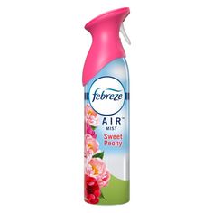 a bottle of air freshener with pink flowers on the front and green leaves on the back