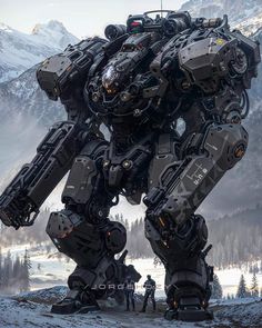 a giant robot standing on top of a snow covered ground next to mountains and trees