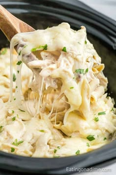 a wooden spoon scooping some food out of a crock pot filled with chicken and noodles