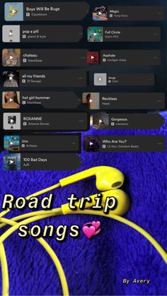 the road trip song app is shown on an iphone screen, with headphones attached to it