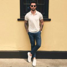 Mens fashion and style - yes or no? Comfortable White Shoes, Latest Summer Fashion, White Polo Shirt, White Polo, Mens Fashion Summer, Mens Casual Outfits, Men Looks