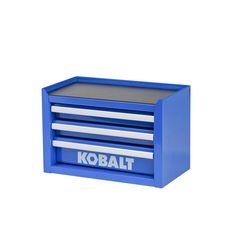 a blue toolbox with five drawers and the word kobalt written on it