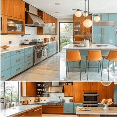 Collage showcasing the timeless style and enduring appeal of mid-century modern kitchen design with clean lines and bold colors3 Yellow Kitchen Cabinets, Mcm Kitchen, Kitchen Guide, Kitchen Magic, Mid Century Modern Kitchen, Mid Century Kitchen, Yellow Kitchen, Kitchen Room Design