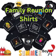 -Black Family Reunion Shirts- Looking for the perfect way to show your support for your family during their reunion? Look no further than our family reunion shirt! This black shirt features a colorful family tree graphic on the front, making it the perfect way to show everyone that you're part of this big, happy family. Plus, our custom family shirts are made just for you and your loved ones, so you can be sure that everyone will be able to spot you and your clan at the next reunion. Get your family reunion shirt today! Thank you for your interest in my family reunion shirts!   -Due to the amount of variations with these shirts I am not able to add different colors or styles than what is posted. -Please keep in mind you may get seperate deliveries.  This is totally normal! Dont think the s Custom Print Black Top For Family Gatherings, Black Custom Print Top For Family Gatherings, Black Tops With Custom Print For Family Gatherings, Black Graphic Print T-shirt For Family Reunion, Black Graphic Print T-shirt For Family Gatherings, Black Tops With Graphic Print For Family Events, Black T-shirt With Custom Print For Family Events, Black Tops With Graphic Print For Family Reunion, Black Graphic Print Tops For Family Reunion