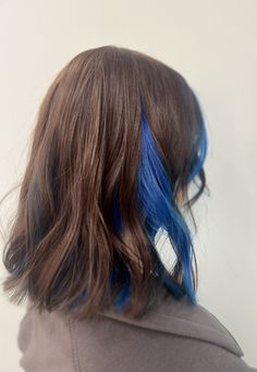 Under Part Of Hair Dyed Blue, Subtle Blue Hair Brunette, Brown Hair Blue Peekaboo, Blue Dye On Brown Hair, Underneath Dyed Hair For Brunettes Blue, Blue Peekaboo Hair Brown, Dark Blue Peekaboo Hair On Brown Hair, Dark Blue Hair With Light Blue Underneath, Half Brown Half Blue Hair