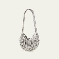 Paco Rabanne "1969 Moon" shoulder bag in disc-link brass  Chain shoulder strap Open top  Unlined  Approx. 8.3"H x 15"W x 1"D Imported Evening Shoulder Bag With Metal Chain Strap, Evening Metal Chain Shoulder Bag, Elegant Evening Shoulder Bag With Chainmail, Modern Evening Shoulder Bag With Chain Link, Modern Chain Link Shoulder Bag For Evening, Moon Shoulder Bag, Moon Chain, Paco Rabanne, Chain Shoulder Bag