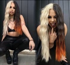 Blonde And Dark Hair Halloween Costumes, Half Black Half Colored Hair, Edgy Mom Hair, Two Tone Split Hair Color Ideas, Long Alternative Hair, Hair Trend 2023, Rock Chick Hair, Half And Half Hair Color, Alternative Hair Color Ideas