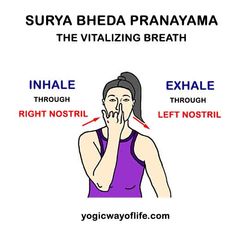 a woman in purple shirt holding her hand to her face with the words surya bheda pranaya on it