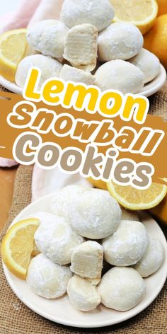 lemon snowball cookies on plates with the title overlay