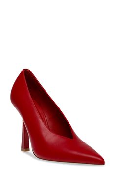 A V-cut topline adds contemporary dimension to a sleek leather pump framed by a pointy toe and tapered heel. 4 1/4" heel Leather upper/synthetic lining and sole Imported