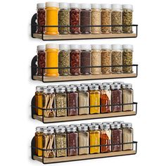 three shelves with spice jars and spices on them, each holding different types of seasonings