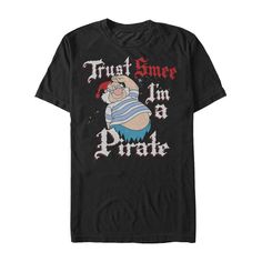 He may be a scallywag and a pirate but he's definitely the cutest one around in the Disney Peter Pan Trust Smee Black T-Shirt! Your favorite sidekick, Smee, stands at attention with "Trust Smee I'm a Pirate" in red and white print across this funny Peter Pan shirt. Size: 2xl. Gender: male. Age Group: adult. Pattern: Fictitious Character. Material: Cotton. Pan Man, Peter Pan Shirt, Disney Men, Disney Tshirts, Plus Size Activewear, Slim Fit Shorts, Black Media, Dresses With Leggings, Tshirts Online