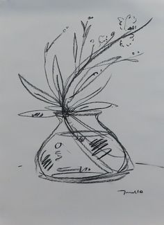 a drawing of a jar filled with water and flowers on top of a white surface