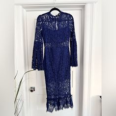 Beautiful Navy Blue Lace Long Sleeve Dress. I Never Even Had A Chance To Wear It! Brand New Dress. Size - Small Blue Long Sleeve Lace Midi Dress, Blue Lace Long Sleeve Dress, Lace Long Sleeve Dress, Navy Lace Dress, Rose Blue, Rose Dresses, Lace Long Sleeve, Navy Lace, Long Sleeve Lace Dress