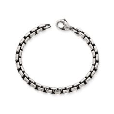 This sterling silver bracelet features a substantial box chain with a weathered texture and an heirloom feel.  Wear it solo to make a bold statement or layer it with others for a look that's all your own. Sterling Silver Chain Bracelet For Everyday, Timeless Sterling Silver Box Chain Bracelet, Everyday Sterling Silver Bracelets With Solid Link, Timeless Silver Box Chain Bracelet, White Gold Sterling Silver Chain Bracelet With Oxidized Finish, Sterling Silver Bracelet With Rolo Chain For Everyday, Sterling Silver Bracelets With Rectangular Links Box Chain, Everyday Sterling Silver Link Bracelet With Box Chain, Sterling Silver Everyday Link Bracelet With Box Chain