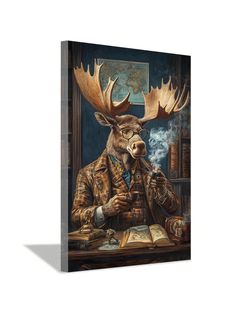 a painting of a moose with antlers on it's head sitting at a desk