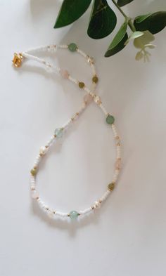 Gorgeous gemstone and seed bead necklace. Perfect for summer and so feminine.  Stunning combination of aventurine, rose quartz, jade, opalite moonstone, freshwater pearls and white matt Miyuki seed beads. Finished with a gold plated lobster clasp. Also available with silver beads and clasp. Available in 4 lengths  14inches  16inches  18inches  20inches  If you require a different length please message me with your request before ordering. All of my jewellery is handmade by me with care and attention to detail and comes gift wrapped. To maintain the quality of your necklace please do not wear when showering, keep dry and avoid contact with chemicals. Miyuki Necklace, Chanel Aesthetic, Diy Armband, Bijoux Fil Aluminium, Beaded Jewelry Necklaces, Beaded Necklace Designs, Indie Jewelry, 16 Inch Necklace, Beaded Necklace Diy