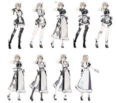 several different poses of an anime character in various outfits, with one holding her hand up to the side