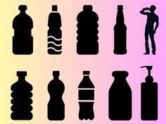 the silhouettes of different bottles are shown in black and pink colors, including one with a man standing next to them