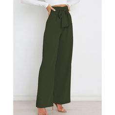 Army Green Bowknot High Waist Wide Leg Pants Fall High-waisted Pants With Tie Waist, Green Belted High-waisted Bottoms, Green Belted High-waisted Pants, Chic Green Tie-waist Bottoms, Chic Green Bottoms With Tie Waist, Casual Green Belted Pants, High Waist Wide Leg Pants, Color Pick, Bottoms Pants