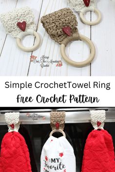 crochet towel ring is hanging on the clothes line with text overlay that reads, simple crochet towel ring free crochet pattern