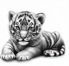 a pencil drawing of a baby tiger laying down