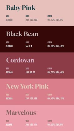 the color scheme for baby pink, black bean, and cordovan is shown