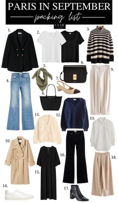 Paris Capsule Wardrobe, What To Pack For Paris, French Wardrobe Basics, Paris In September, French Outfits, What To Wear In Paris, French Capsule Wardrobe, September Outfits, Parisian Outfits