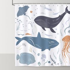 Product Details: 
 Material: Polyester Fabric
 Size: 72"W x 72"L
 Pattern: Whale
 What?? Included: One Shower Curtain and 12 Plastic Hooks
 
 
 Product Features: 
 Design: The kids whale shower curtain pattern is vivid and durable, giving your bathroom a fresh look, bright visual effects help you relax your body and heart.
 Easy to Install: Each shower curtains come with included plastic hooks for the affixing of the shower curtain to the rod. 
 Function: Environmental-friendly, waterproof, mach Whale Shower Curtain, Ocean Shower Curtain, Solid Color Shower Curtain, Animal Shower Curtain, Waffle Weave Shower Curtain, Plastic Curtains, Stone Shower, Cotton Shower Curtain, Kids Curtains