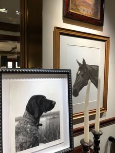 a black and white photo of a dog with a horse head on the wall behind it