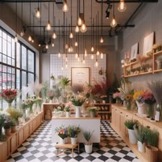 a room filled with lots of potted plants and lights hanging from the ceiling above