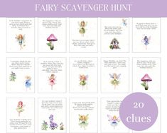 the fairy scavenger hunt is shown with pictures of different types of flowers and mushrooms