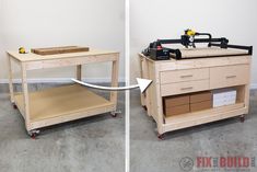 two pictures of a workbench with tools on the top and bottom, one is empty