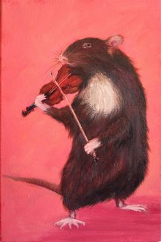 a painting of a rat holding a violin in its paws, on a pink background