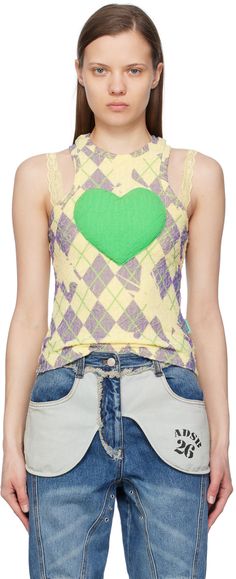 Andersson Bell - SSENSE Exclusive Yellow Puffy Heart Saver Tank Top Sleeveless Top With Heart Graphic For Spring, Sleeveless Spring Top With Heart Graphic, Summer Heart Graphic Tank Top, Fitted Sleeveless Top With Patchwork, Fitted Sleeveless Patchwork Top, Sleeveless Summer Top With Heart Graphic, Trendy Sleeveless Top With Heart Graphic, Trendy Sleeveless Patchwork Tops, Dolly Party