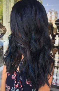 Balayage on Black Hair Black Hair With Blue Highlights, Blue Balayage, The Trend Spotter, Hair With Highlights, Woman Hairstyles, Blue Highlights