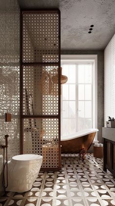 a bath room with a tub and a window