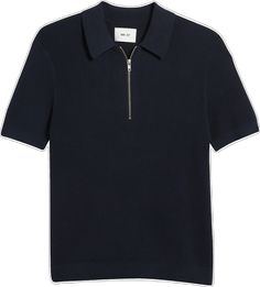 Knit Polo Shirt With Ribbed Collar And Relaxed Fit, Relaxed Fit Knit Polo Shirt With Ribbed Collar, Modern Cotton Polo Sweater With Ribbed Collar, Ribbed Cotton Polo Collar Top, Navy Fitted Collared Polo Sweater, Fitted Navy Collared Polo Sweater, Fitted Cotton Polo Sweater With Ribbed Collar, Collared Ribbed Knit Top, Fitted Ribbed Polo Collar Tops