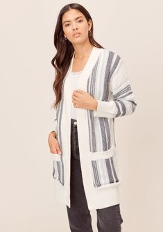 Relaxed fit Long sleeve Mid length Contrast trim Rib detail Trendy Striped Outerwear For Layering, Cozy Striped Spring Cardigan, Cozy Striped Cardigan For Spring, Striped Cardigan For Spring Layering, Spring Striped Cardigan For Layering, Casual Striped Cardigan, Perfect Cardigan, Layered Sweater, Beach Camping