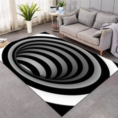 a black and white area rug in a living room