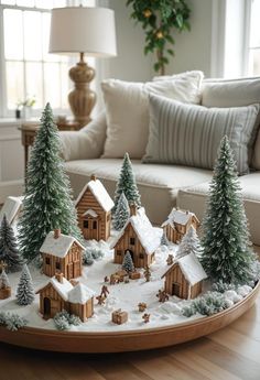 a living room filled with lots of furniture and christmas trees on top of a table