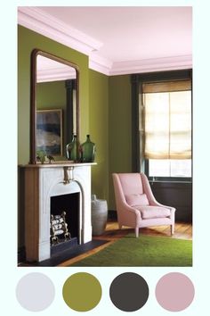 an image of a living room with green walls and white trim on the fireplace mantel