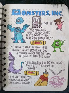 an open notebook with monsters and other things on it's page, which is written in